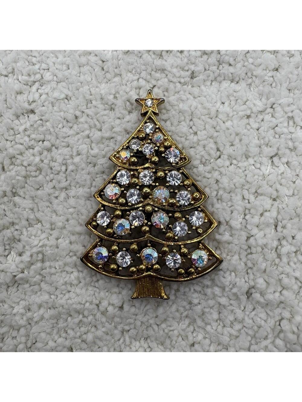Eisenberg Ice Christmas Tree Brooch Gold Tone Rhinestone Holiday Pin Star Top